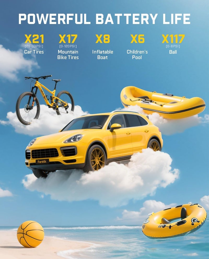 Fanttik X9 Classic Inflator/Blower 2-IN-1, Tire Inflator Portable Air Compressor with Light and Power Bank, 150PSI Cordless Air Pump for Car, Motorcycle, Bike, Ball, Air Mattress, Kayak, Swimming Ring - Image 4